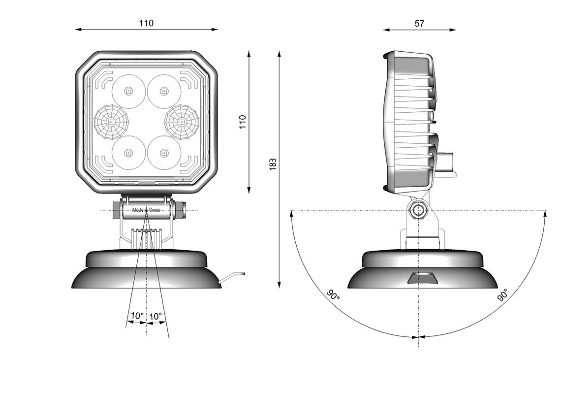 Phare de travail LED CARBONLUX carré 110X110mm magnetique - connexion DT 